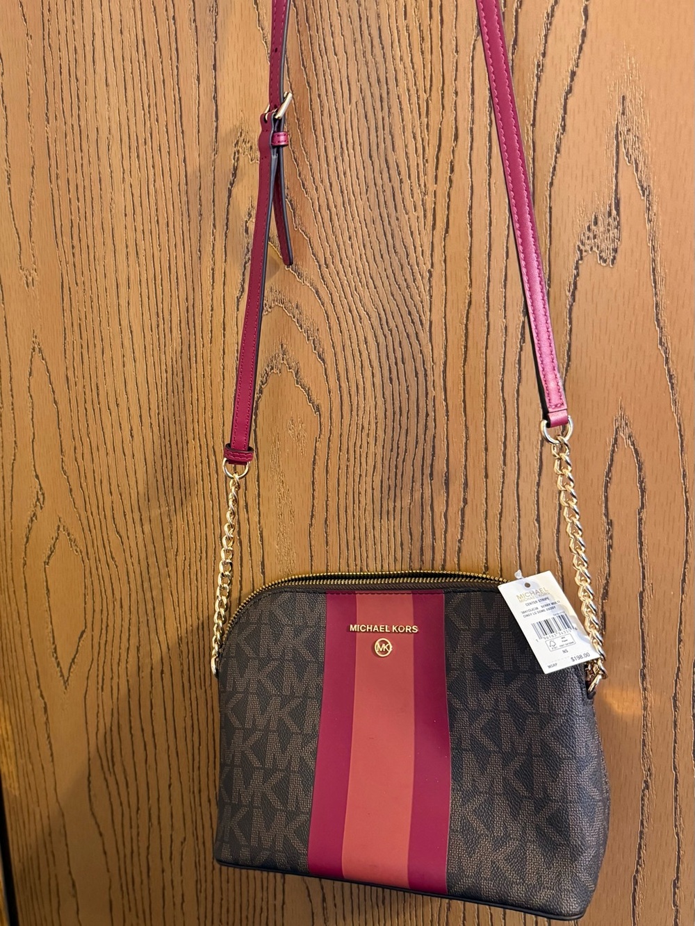 Michael Kors Brown Signature Crossbody with Pink Stripe Accent